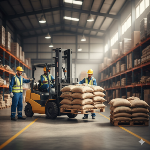 Usando empilhadeiras para movimentar paletes de sacas de café